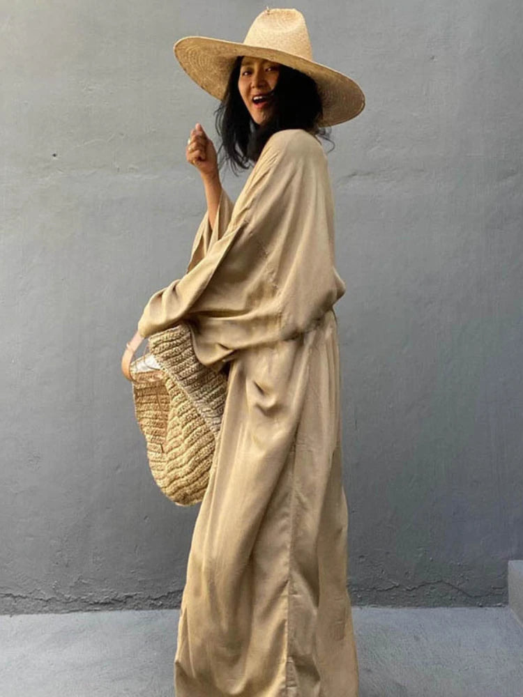 Solid Beach Cover Up Women Self Belted Wrap Kimono Dress Swimsuit 2025 New Robe Summer Beachwear Factory Supply