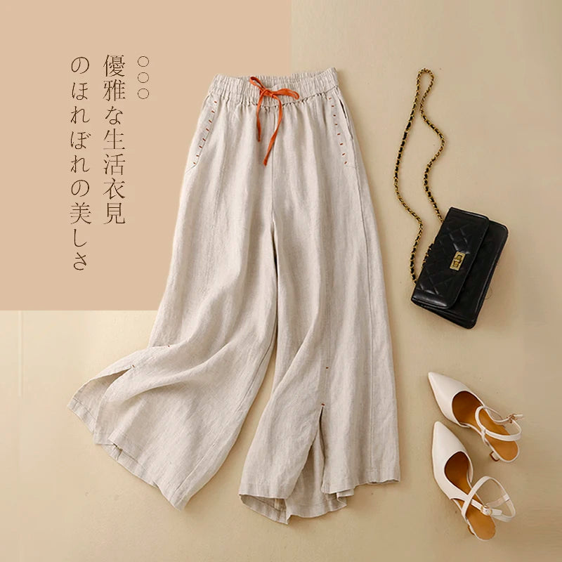 Beige Cotton Linen Casual Elastic High Waist Loose Wide Leg Women's Pants Ankle-Length Pants For Women Clothing 2024 Fashion