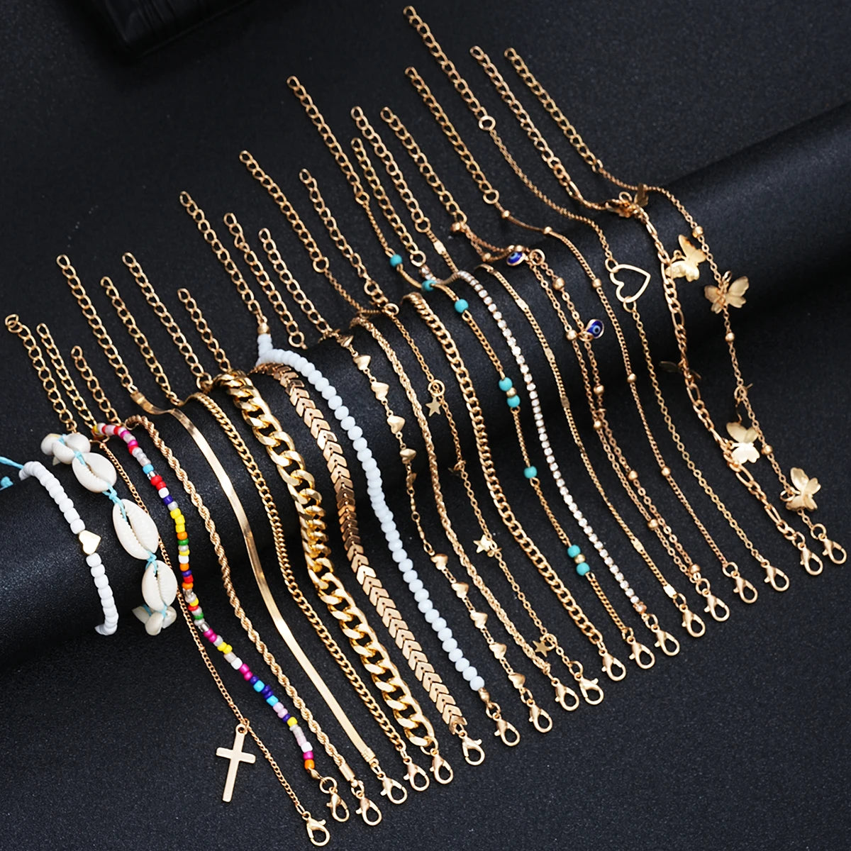 22 Pcs Minimalist Love Butterfly Shell Rhinestone Bead Anklet Set For Women Summer Beach Boho Anklets Fashion Jewelry Gifts 2024