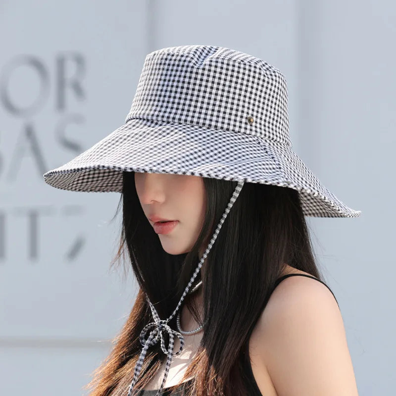 Summer Hat for Women Bucket Hat Plaid Wide Brim Sun Hat with Windproof Rope Sunshade Sun Hat Cycling Travel Fisherman Cap Korean