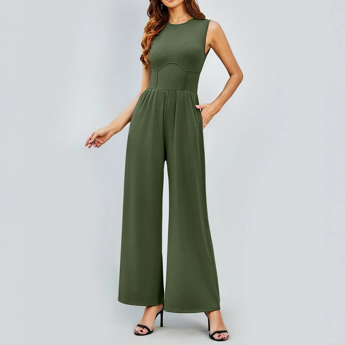 Women'S Jumpsuits 2024 Casual Summer Sleeveless High Neck Rib Tank Top Wide Leg Pants Romper Tummy Control High Waist Jumpsuits