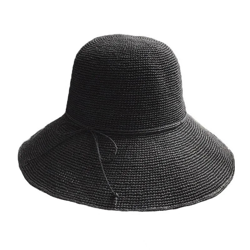 Paper Straw Beach Sun Hat for Women Handmade Crochet Straw Hat Ladies Spring Summer Bucket Hat Big Brim Foldable Floppy Cap