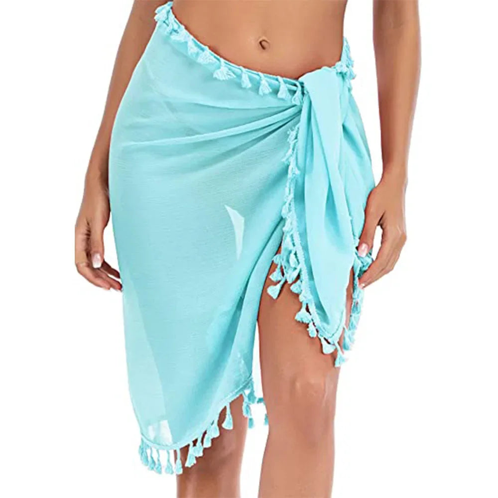Swimsuit Coverups for Women Sarong Beach Bikini Wrap Sheer Short Skirt Scarf for Swimwear with Tassel