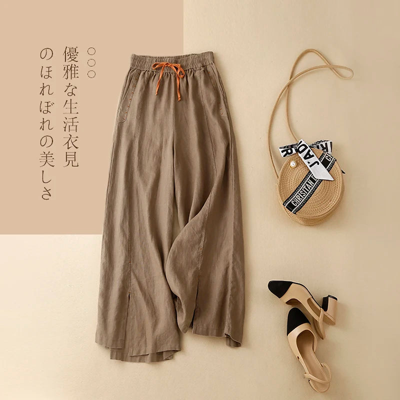 Beige Cotton Linen Casual Elastic High Waist Loose Wide Leg Women's Pants Ankle-Length Pants For Women Clothing 2024 Fashion