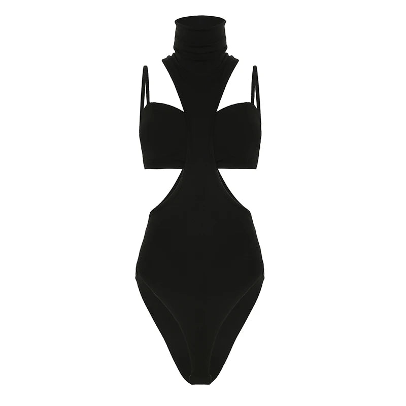 HEYounGIRL Fashion Sexy Hollow Out Bodysuit with Cropped Camisole Two Piece Set Black Chic Bodysuit Top Party Clubwear Costume