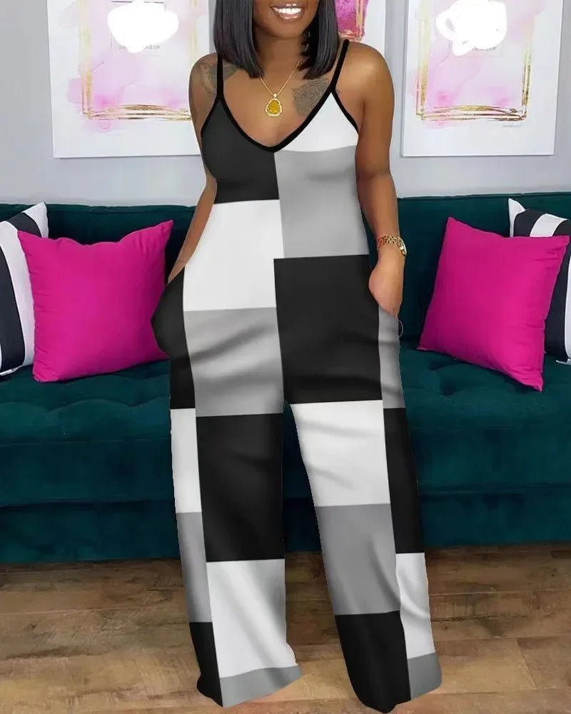 Jumpsuits for Women 2025 Spring Fashion Geometric Print Spaghetti Strap Casual V-Neck Sleeveless Pocket Design Long Jumpsuit