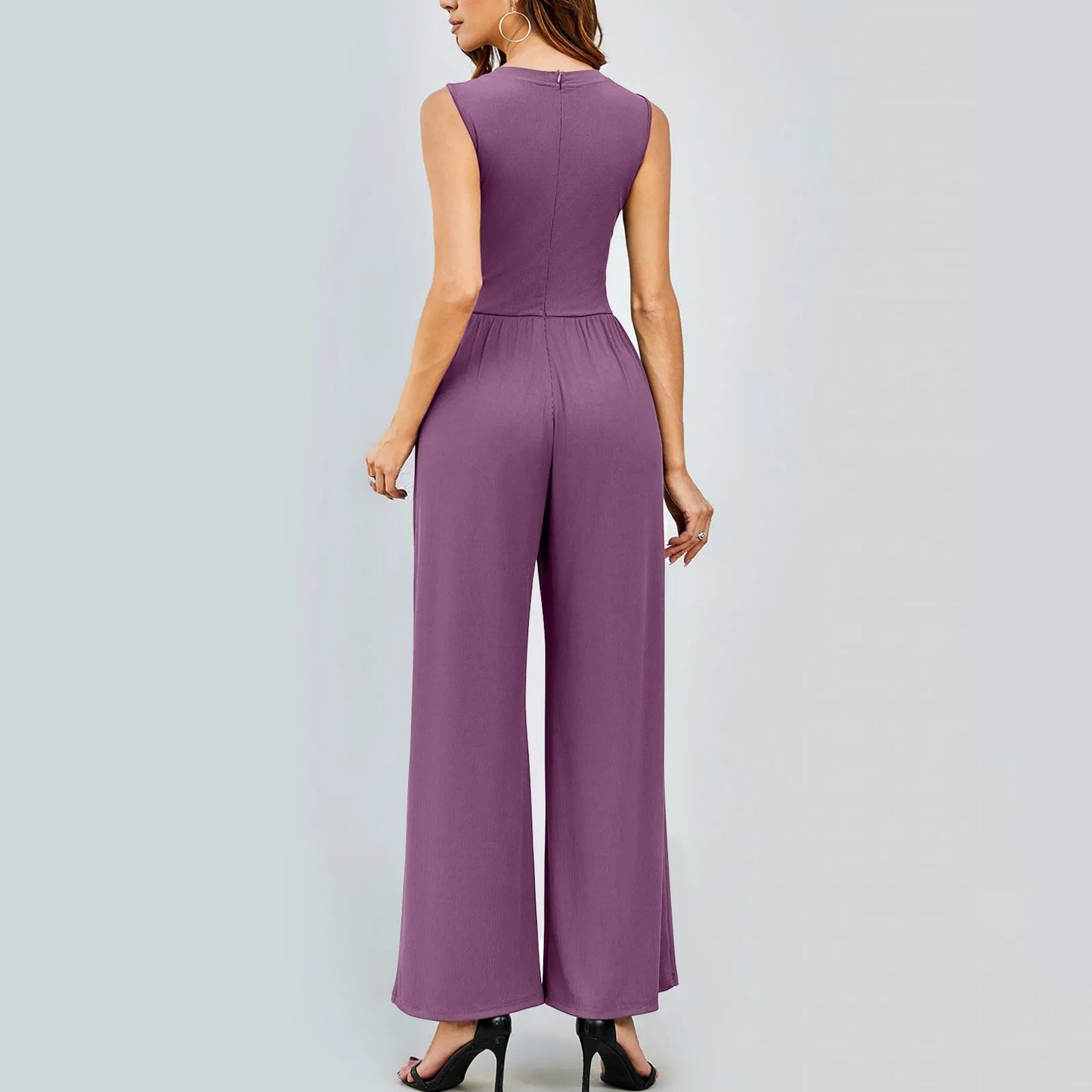 Women'S Jumpsuits 2024 Casual Summer Sleeveless High Neck Rib Tank Top Wide Leg Pants Romper Tummy Control High Waist Jumpsuits