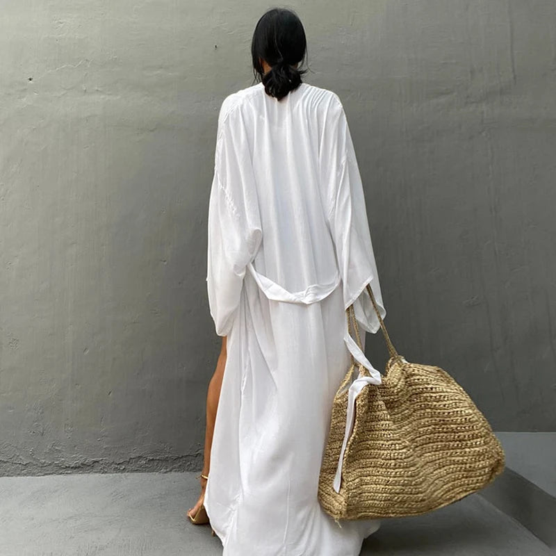 Solid Beach Cover Up Women Self Belted Wrap Kimono Dress Swimsuit 2025 New Robe Summer Beachwear Factory Supply
