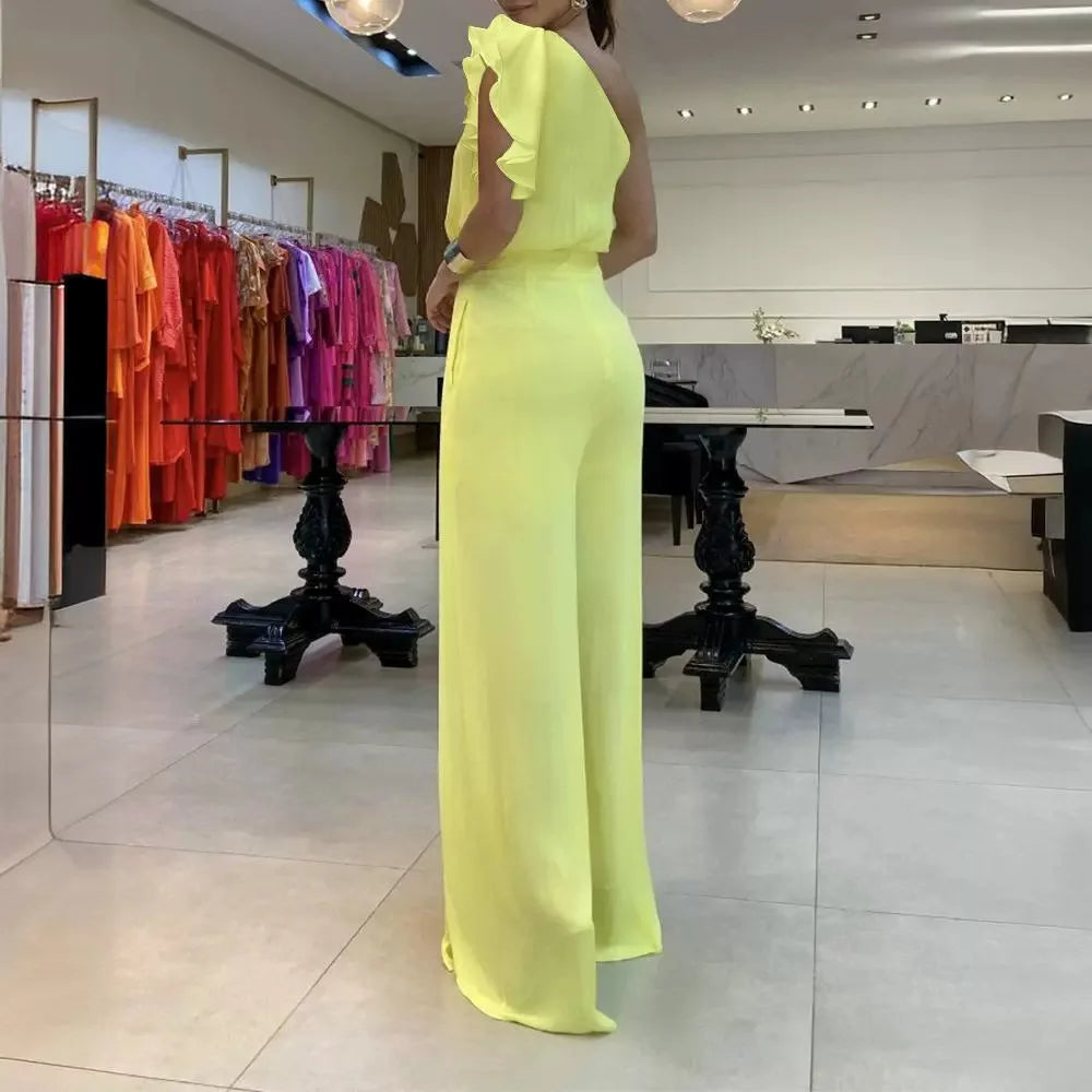 Long Jump Suits for Women Sexy Elegant New Fashion 2024 Summer Casual Floral Pattern One Shoulder Ruffles Conjoined Body Pants