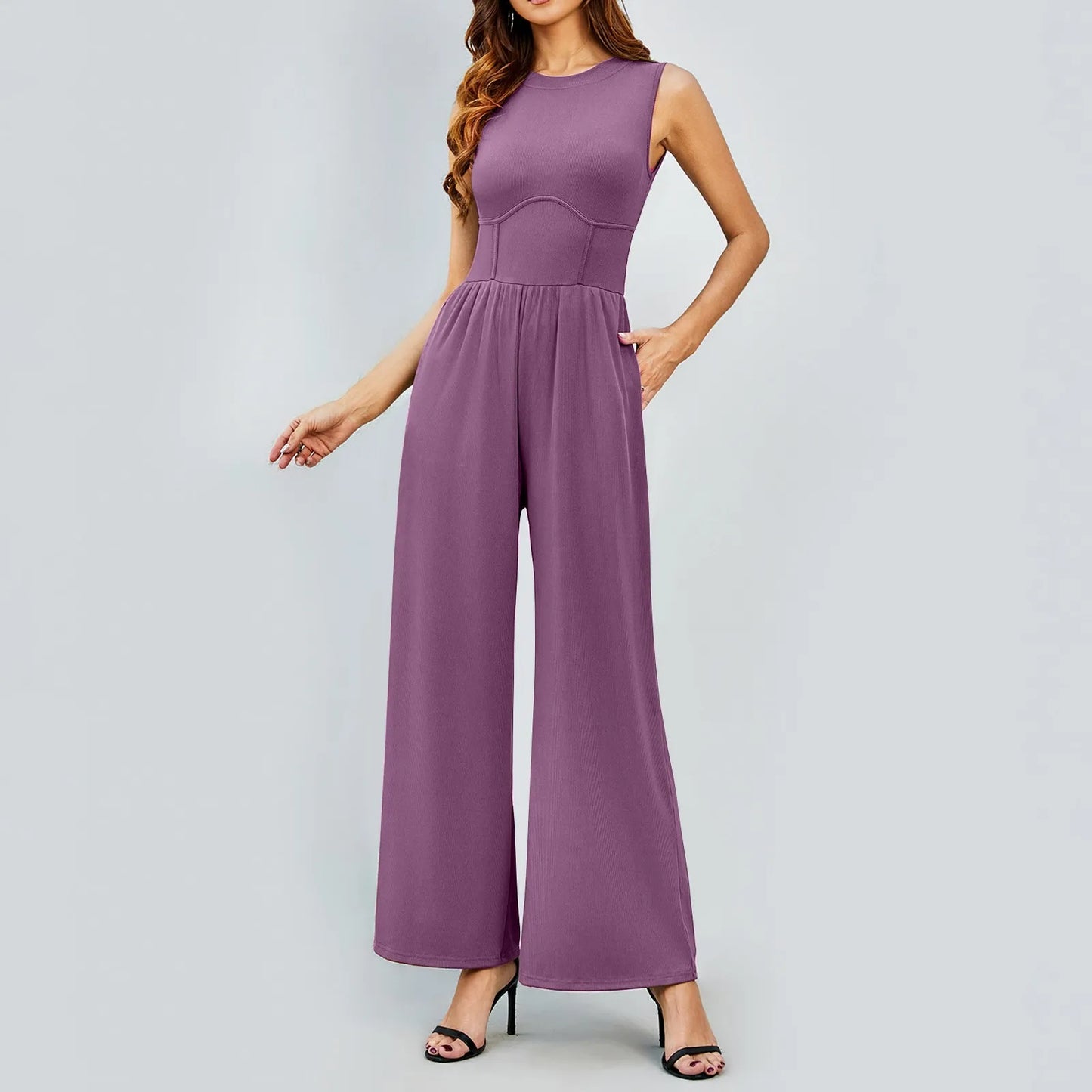 Women'S Jumpsuits 2024 Casual Summer Sleeveless High Neck Rib Tank Top Wide Leg Pants Romper Tummy Control High Waist Jumpsuits