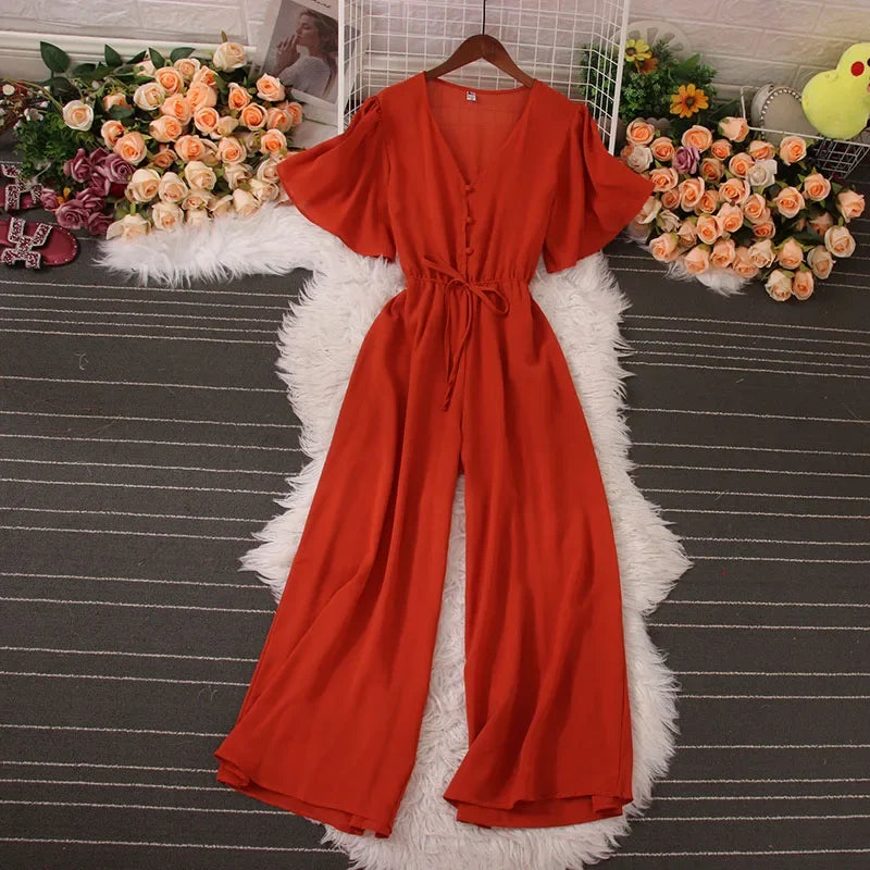 American Women Jumpsuits Fashion V Neck Lace up Loose Wide Legs Pants 2024 New Summer OL Solid Buttons Bodysuitsd