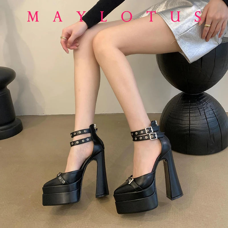 2025 Point Toe High Heels Platform Women's Shoes With Straps Sexy Pump Latest Buckle Casual Pumps Female Chunky Shoes