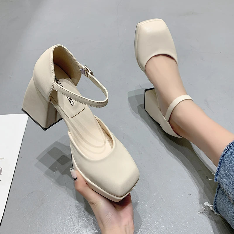 Thick-heeled High-heeled Shoes for Women 2024 Spring and Summer New Waterproof Platform Simple Black Thick-soled Elegant Shoes