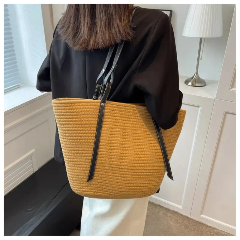 Large Straw Bag Beach Shopping Bags Rattan Woven Shoulder Handbags Women Handmade Straw Basket Handbags Summer Large Capacity