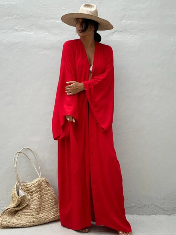 Solid Beach Cover Up Women Self Belted Wrap Kimono Dress Swimsuit 2025 New Robe Summer Beachwear Factory Supply