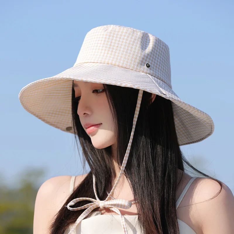 Summer Hat for Women Bucket Hat Plaid Wide Brim Sun Hat with Windproof Rope Sunshade Sun Hat Cycling Travel Fisherman Cap Korean