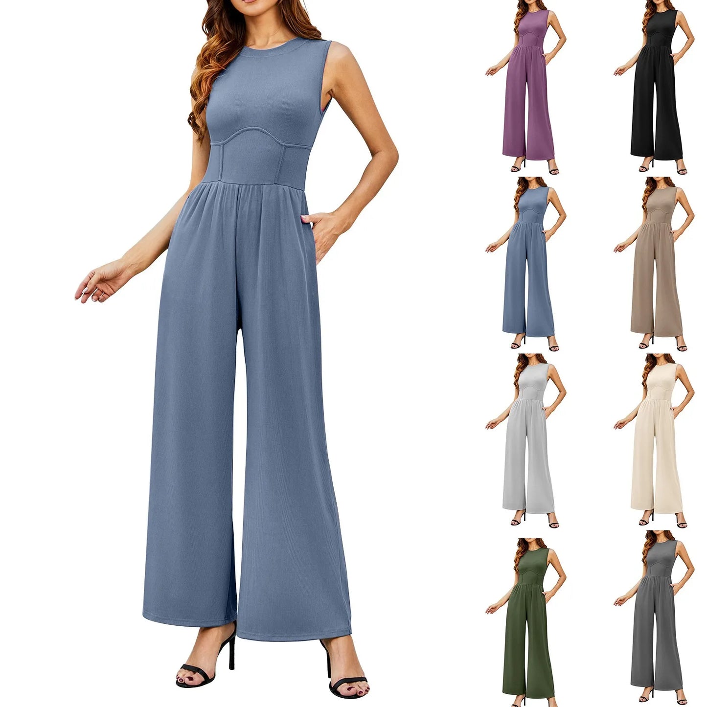 Women'S Jumpsuits 2024 Casual Summer Sleeveless High Neck Rib Tank Top Wide Leg Pants Romper Tummy Control High Waist Jumpsuits