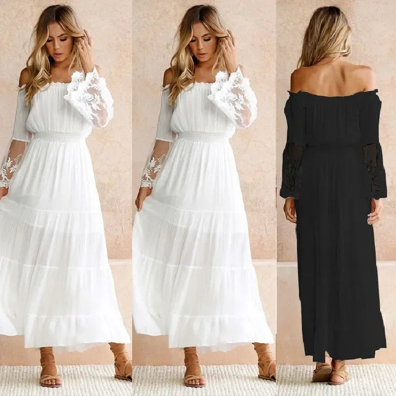 Sundress Swing Dress Women Elegant Long Sleeve Drawstring Slash Neck Lace Pleated Ruffle Loose Vacation Party Dresses Vestidos