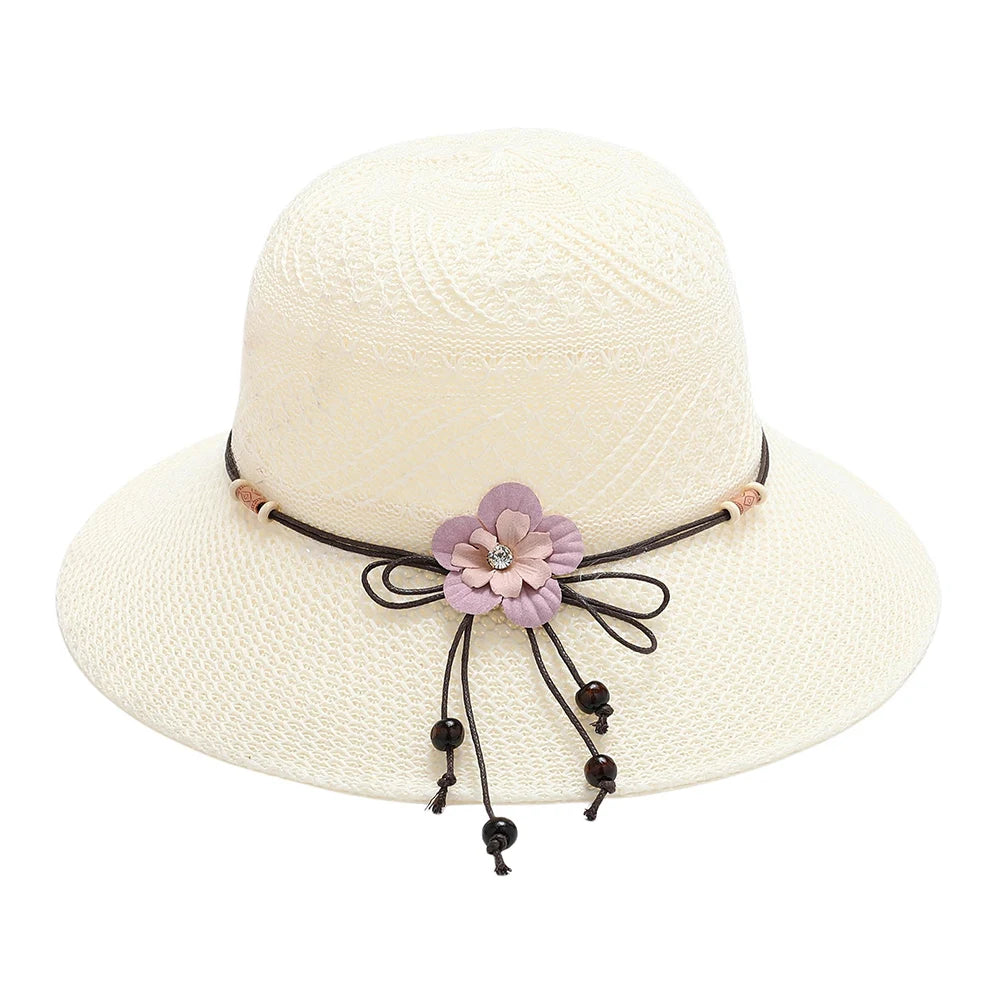 2024 Summer Women Bow Flowers Straw Hat Outdoor Sun Sunscreen Collapsible Beach Hat