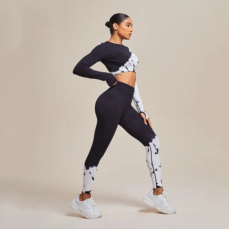 Two-piece Sets Seamless Black White Yoga Suit Sports Bra Top Fitness Running Pants High Waist Elastic Tight Leggings Active Tops