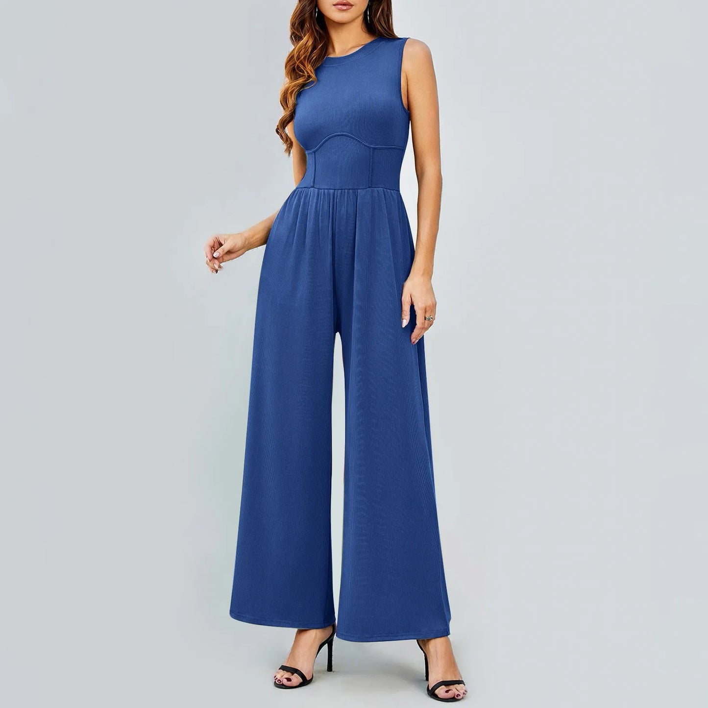 Women'S Jumpsuits 2024 Casual Summer Sleeveless High Neck Rib Tank Top Wide Leg Pants Romper Tummy Control High Waist Jumpsuits