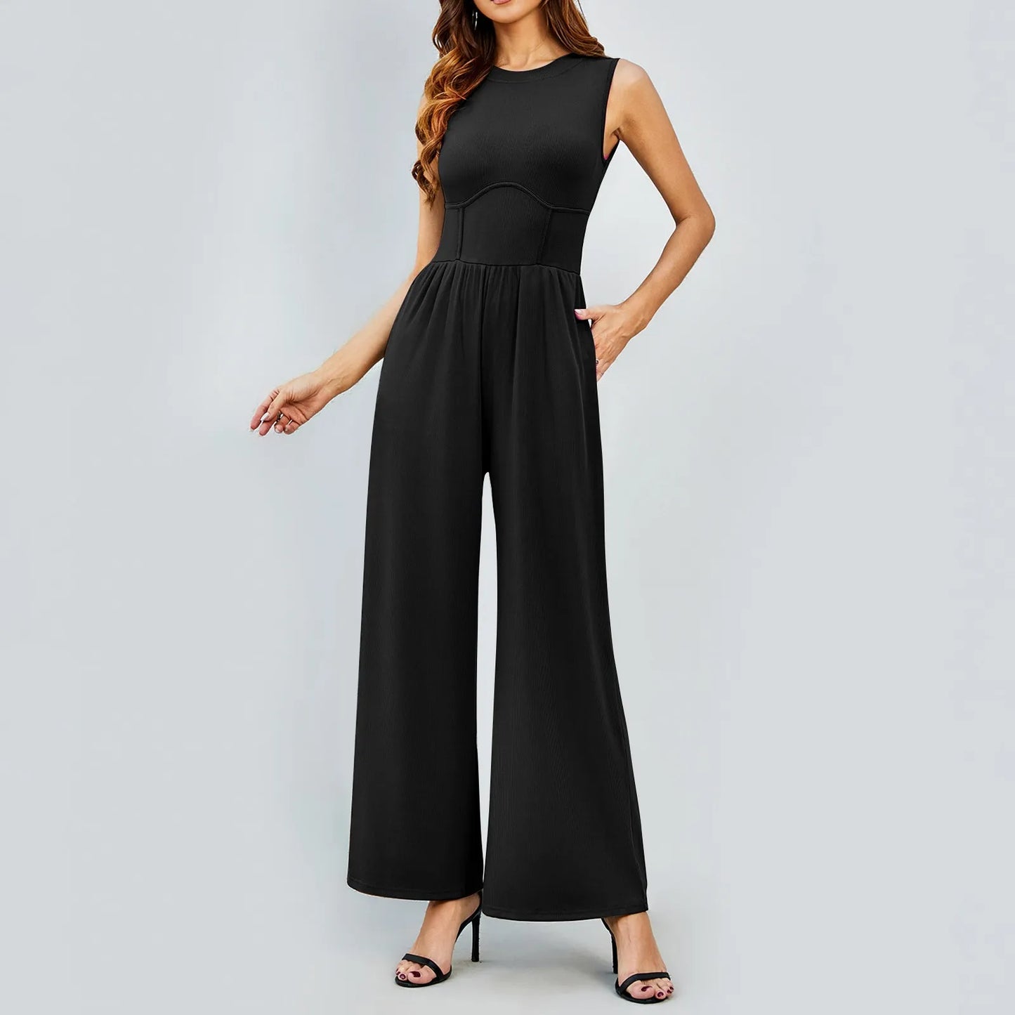 Women'S Jumpsuits 2024 Casual Summer Sleeveless High Neck Rib Tank Top Wide Leg Pants Romper Tummy Control High Waist Jumpsuits