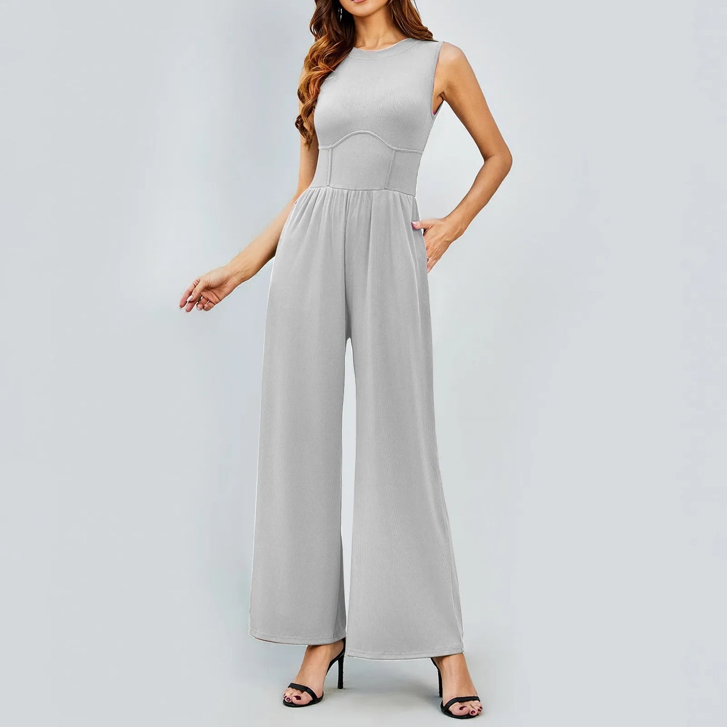 Women'S Jumpsuits 2024 Casual Summer Sleeveless High Neck Rib Tank Top Wide Leg Pants Romper Tummy Control High Waist Jumpsuits