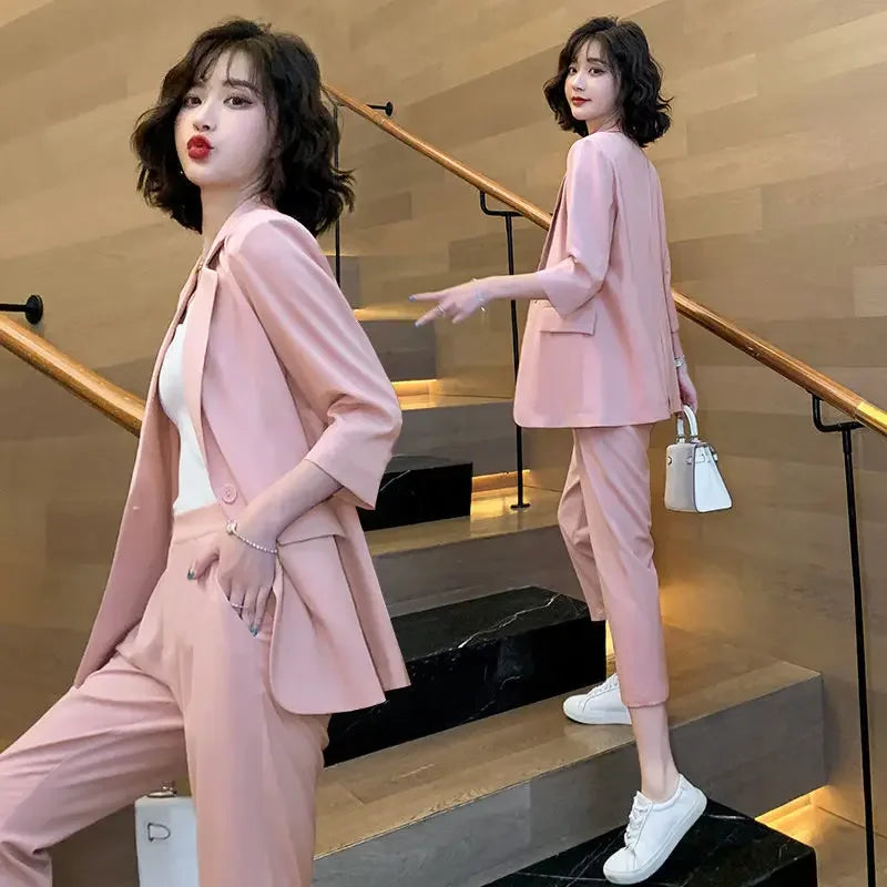 Two Piece Set Pants for Women Trouser Suit Pink Womens 2 Pant Sets Outfit Capris and Blazer Baggy with Sleeve Chic Elegant Cheap