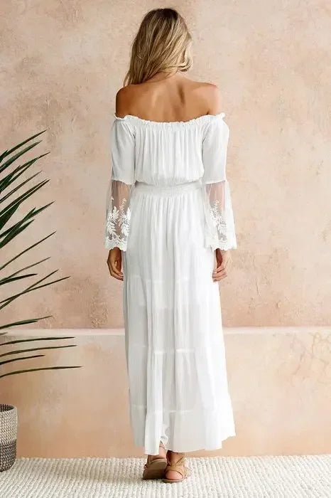 Sundress Swing Dress Women Elegant Long Sleeve Drawstring Slash Neck Lace Pleated Ruffle Loose Vacation Party Dresses Vestidos
