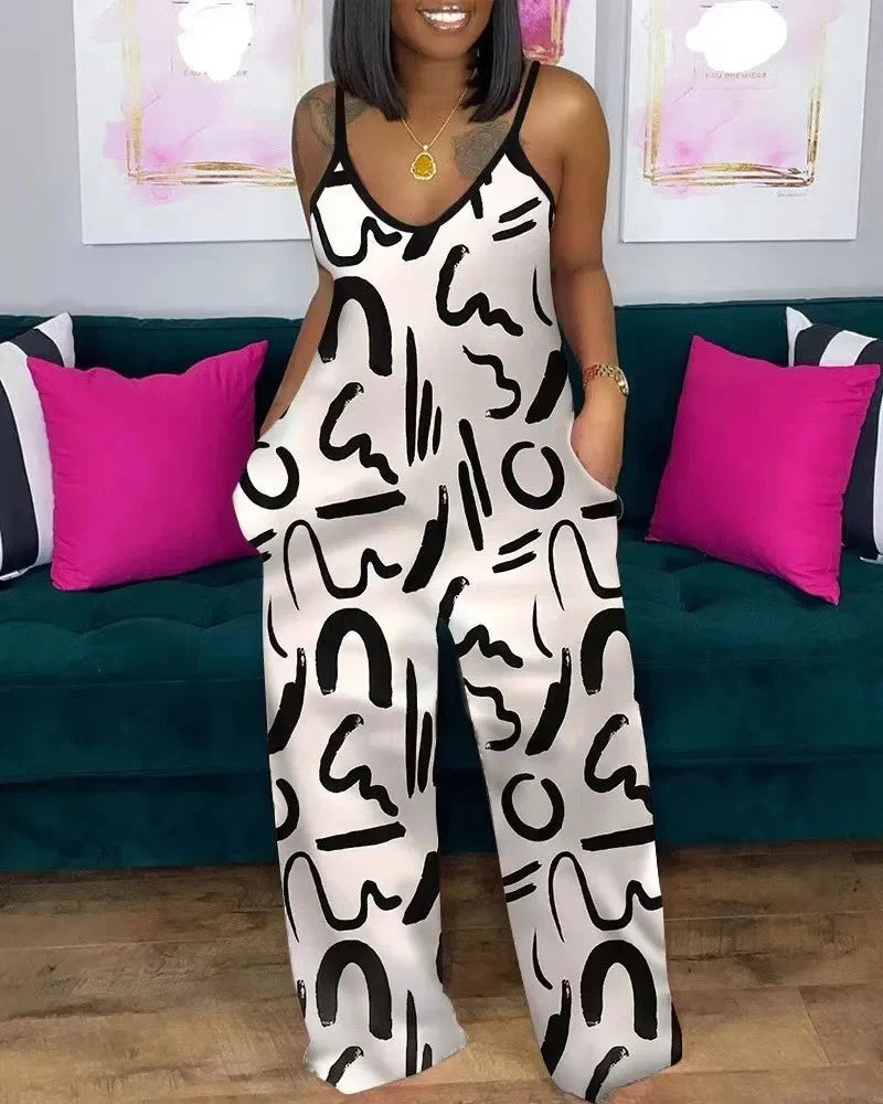Jumpsuits for Women 2025 Spring Fashion Geometric Print Spaghetti Strap Casual V-Neck Sleeveless Pocket Design Long Jumpsuit
