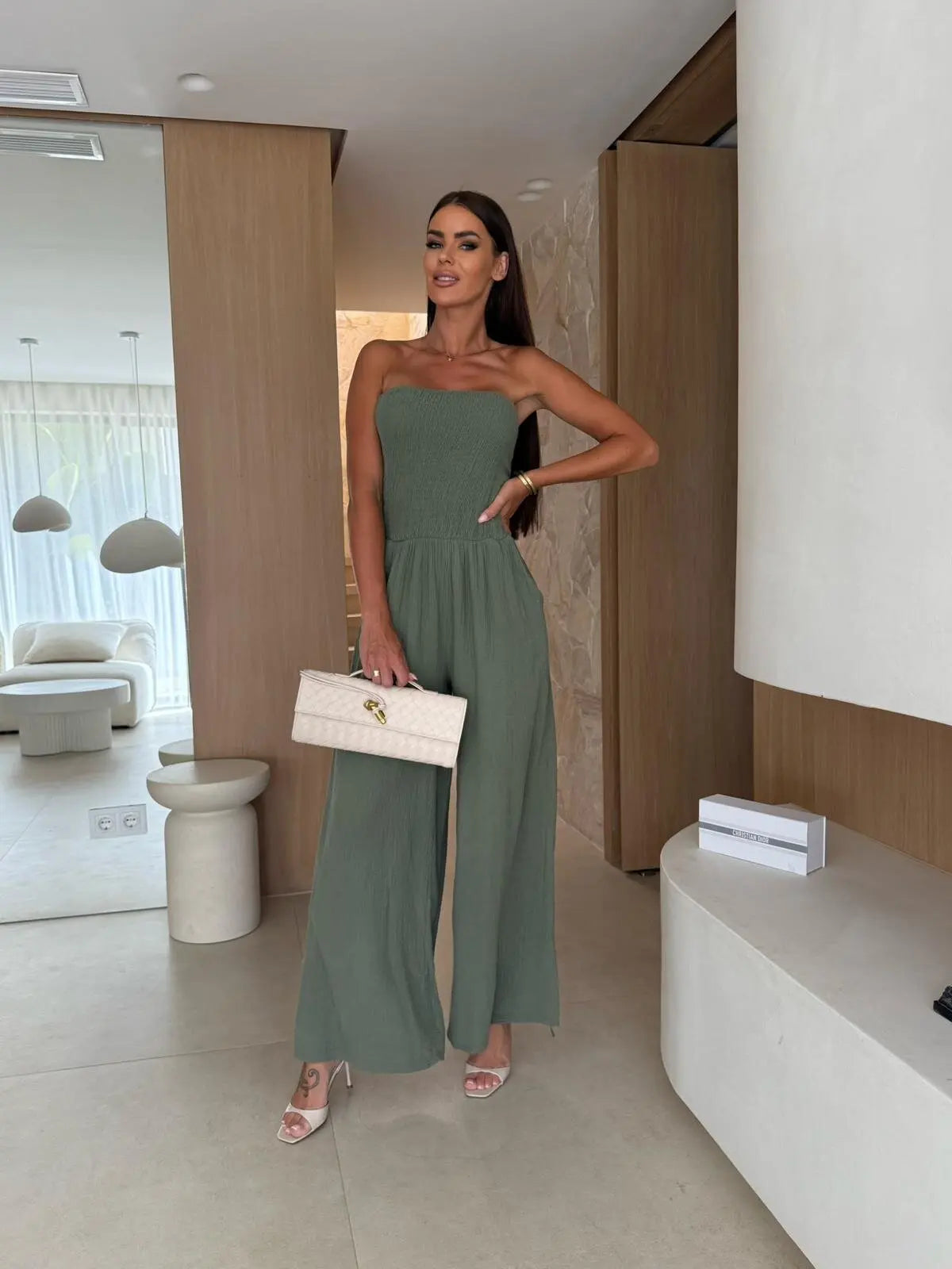 Dress Women Fashion Summer Latest Style Elegant Solid Color Sleeveless Backless Slim Fit Pleated Strapless Jumpsuit for Women