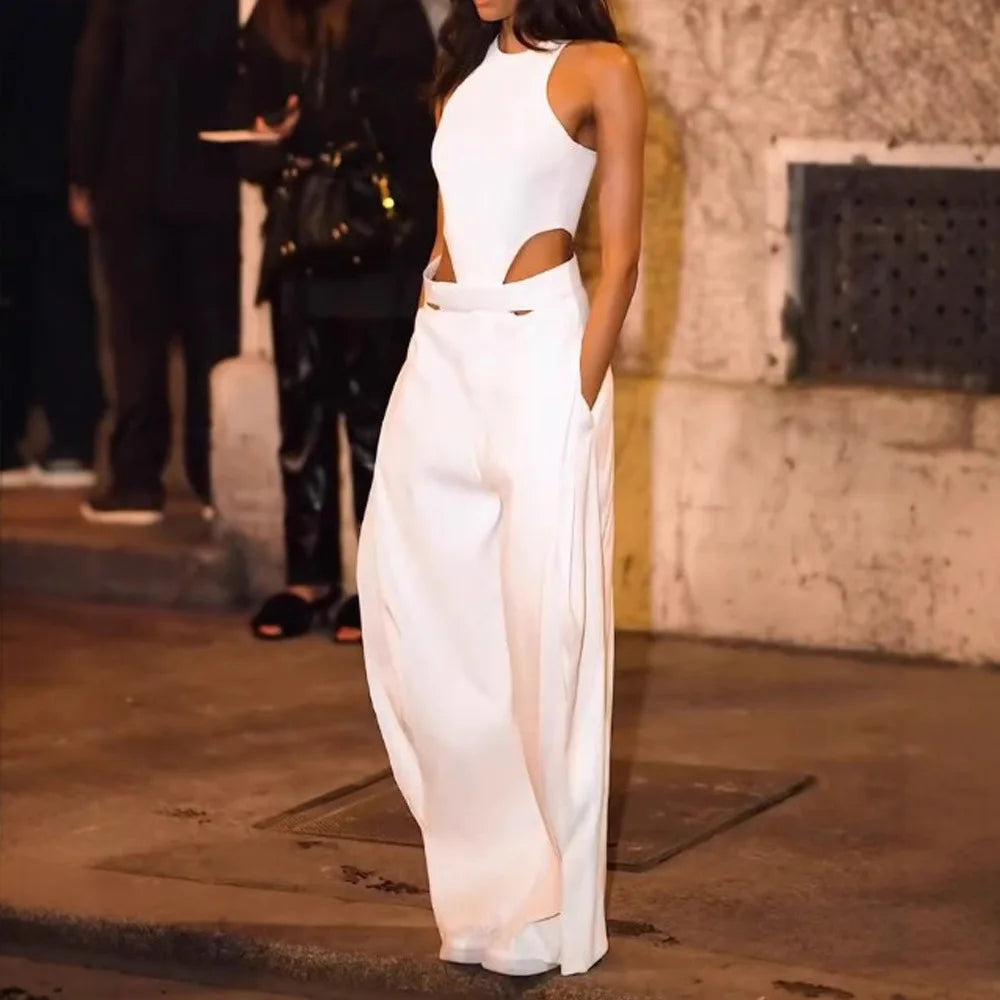 Fashion Jumpsuits For Women Summer O Neck Sleeveless Hollow Out Slim White Wide Leg Jumpsuit Girl High Street Chic Sexy Jumpsuit
