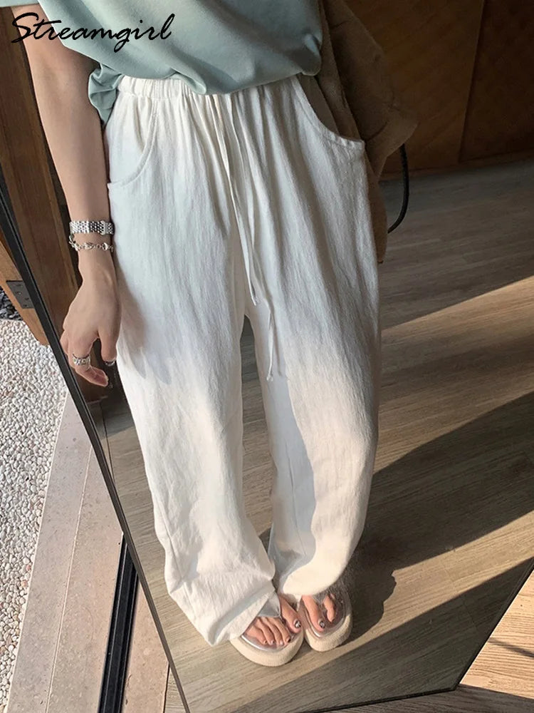White Cotton Linen Pants Women Wide Leg Basic Summer Trousers Cotton Thin High Waist Loose Straight Women Pants Summer 2025