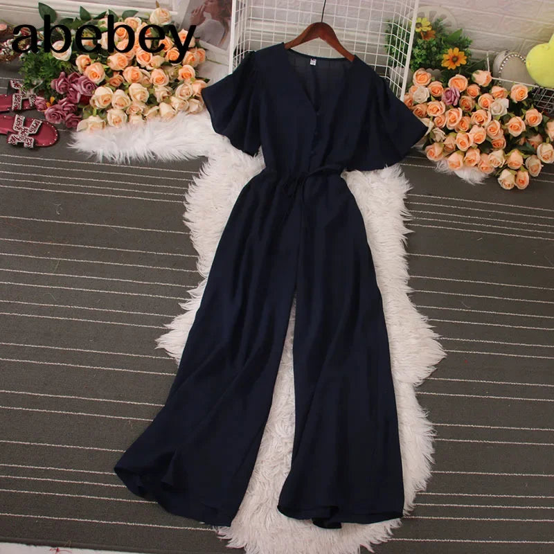 American Women Jumpsuits Fashion V Neck Lace up Loose Wide Legs Pants 2024 New Summer OL Solid Buttons Bodysuitsd