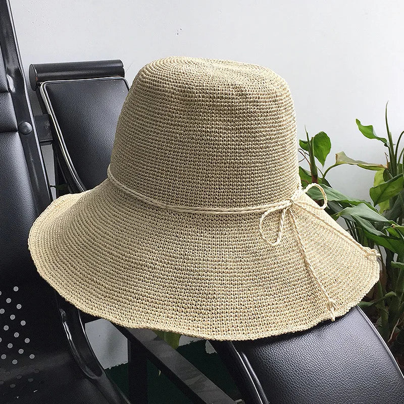 Paper Straw Beach Sun Hat for Women Handmade Crochet Straw Hat Ladies Spring Summer Bucket Hat Big Brim Foldable Floppy Cap