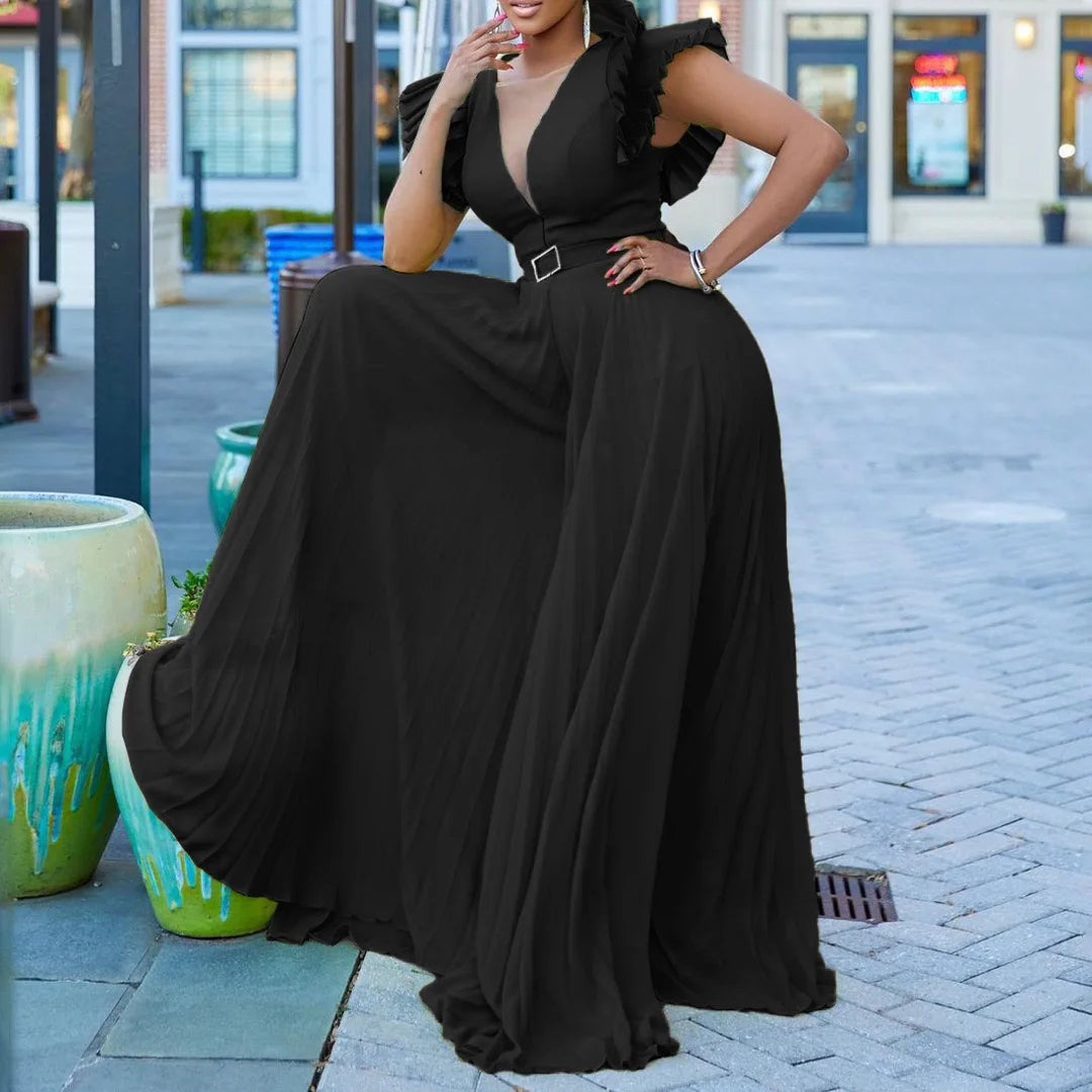 Elegant Jumpsuits Pleated for Women V Neck Ruffles Sleeve Belt Waisted Floor Length Luxury Female Birthday Party Dinner Outfits