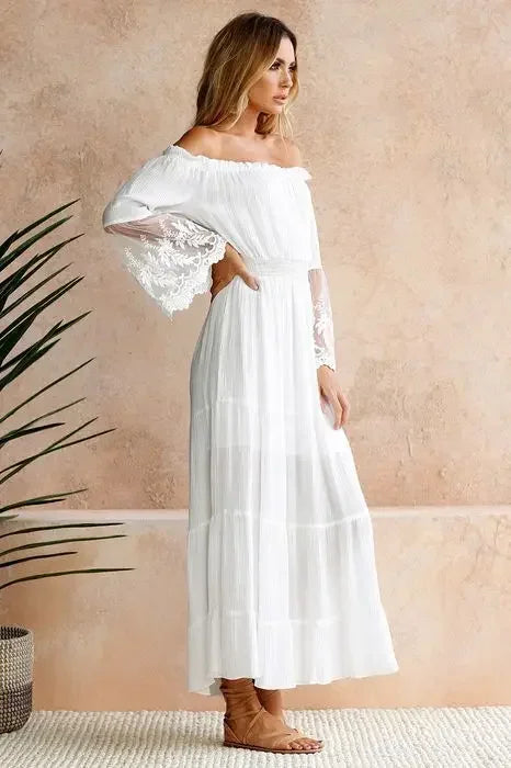 Sundress Swing Dress Women Elegant Long Sleeve Drawstring Slash Neck Lace Pleated Ruffle Loose Vacation Party Dresses Vestidos