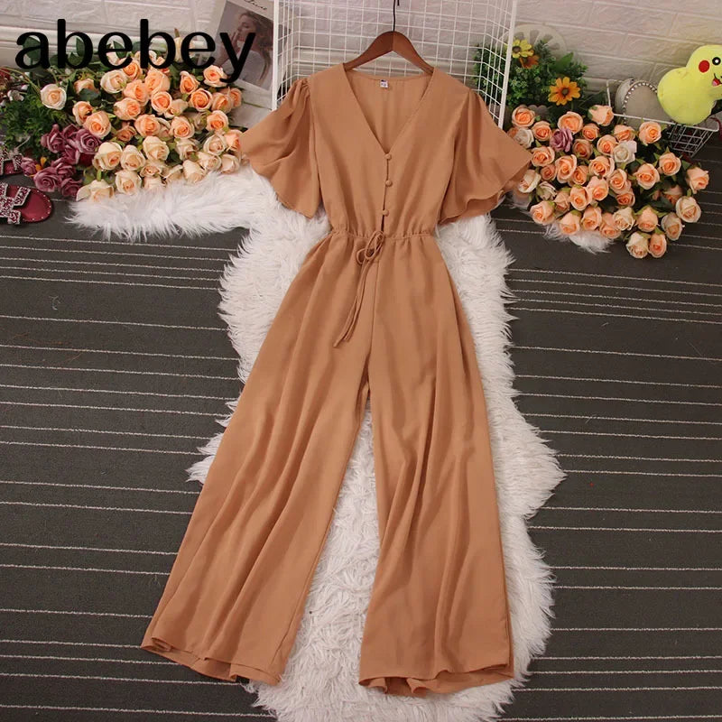 American Women Jumpsuits Fashion V Neck Lace up Loose Wide Legs Pants 2024 New Summer OL Solid Buttons Bodysuitsd