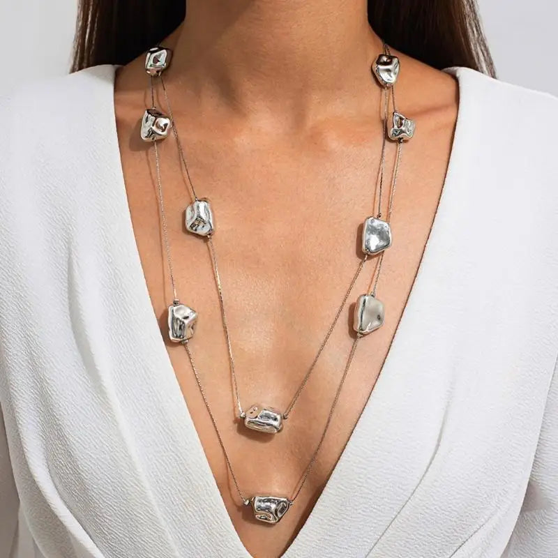 62KE Chic Layered Necklace with Beads Unique Multi Layer Necklace With Irregular Bead Accent for Fashion Forward Women
