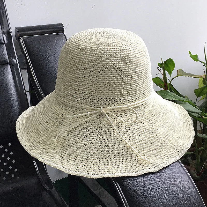 Paper Straw Beach Sun Hat for Women Handmade Crochet Straw Hat Ladies Spring Summer Bucket Hat Big Brim Foldable Floppy Cap