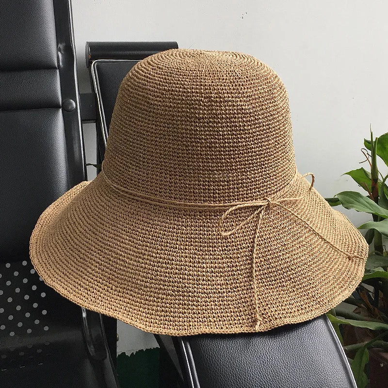 Paper Straw Beach Sun Hat for Women Handmade Crochet Straw Hat Ladies Spring Summer Bucket Hat Big Brim Foldable Floppy Cap