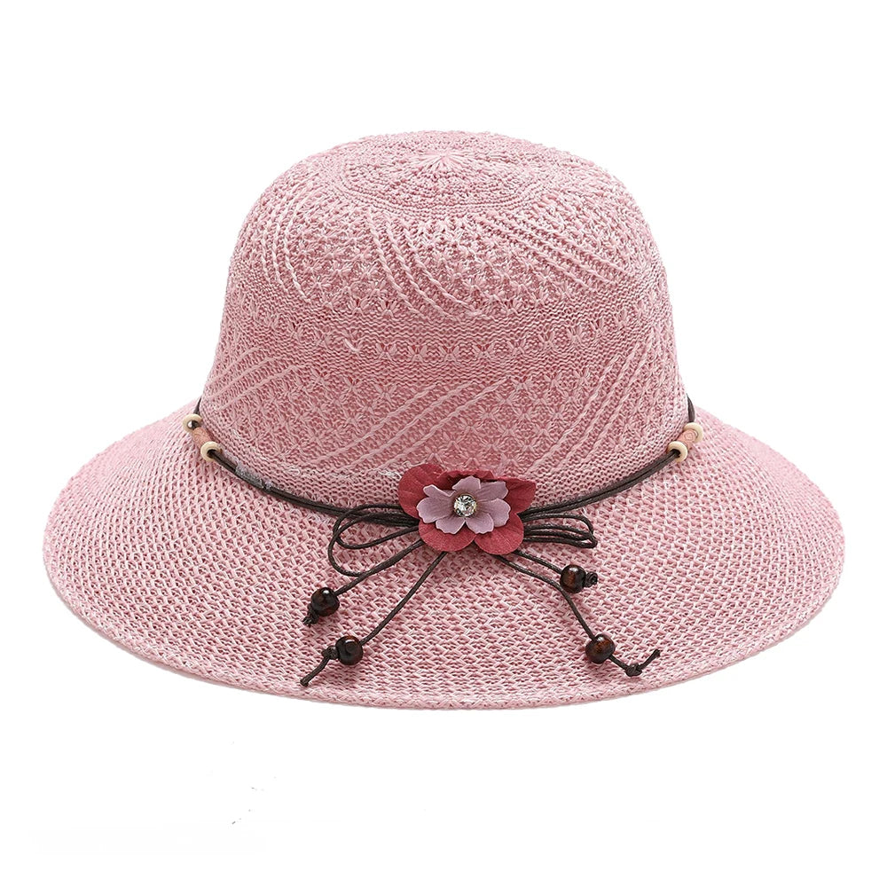 2024 Summer Women Bow Flowers Straw Hat Outdoor Sun Sunscreen Collapsible Beach Hat