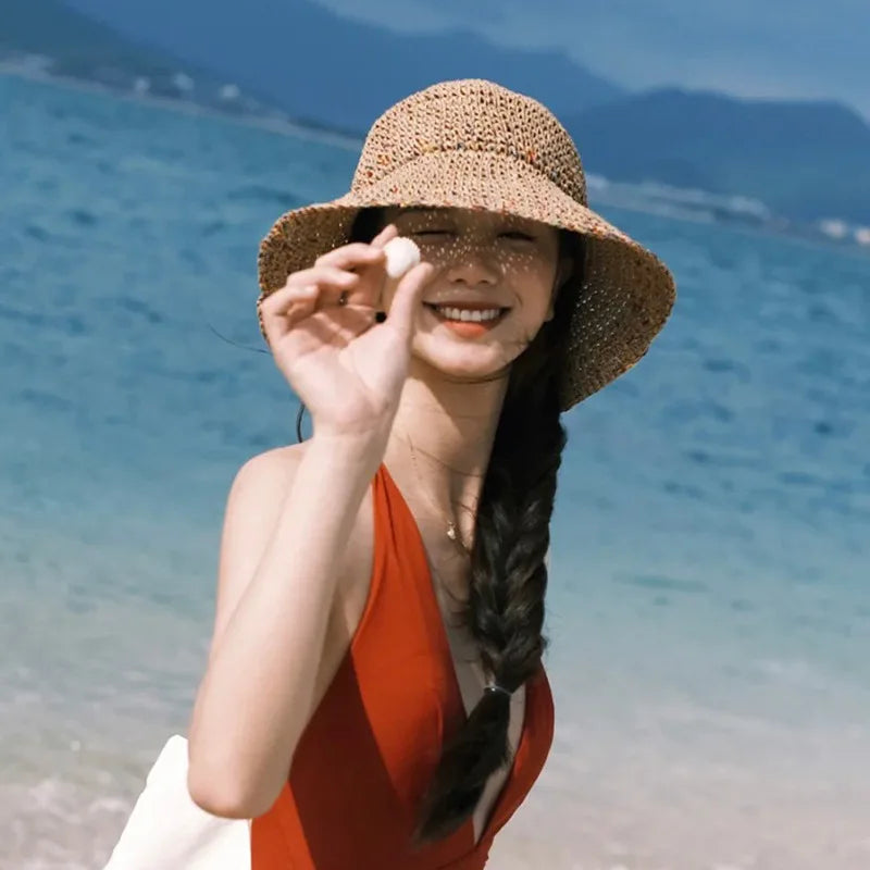 Summer Straw Sun Hats for Women Showing Face Small Bucket Hat Large Brim Sunshade and Sunscreen Seaside Beach Cap