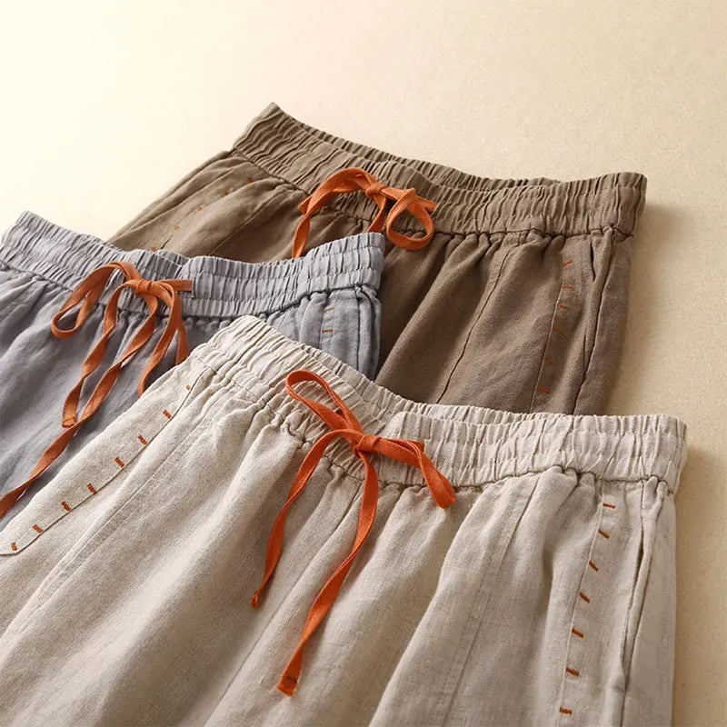 Beige Cotton Linen Casual Elastic High Waist Loose Wide Leg Women's Pants Ankle-Length Pants For Women Clothing 2024 Fashion