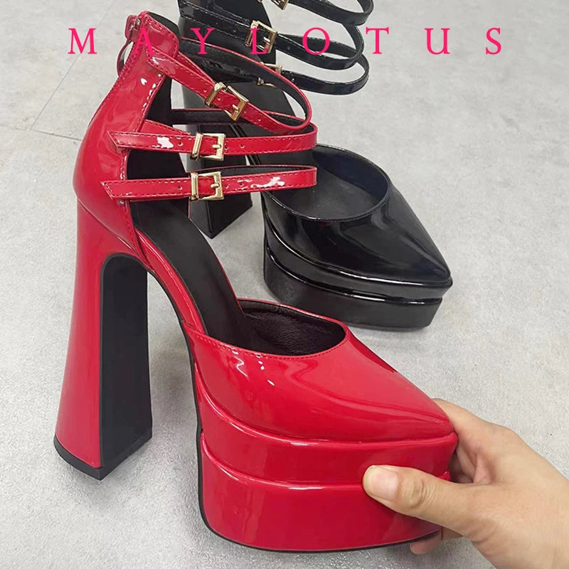 2025 Point Toe High Heels Platform Women's Shoes With Straps Sexy Pump Latest Buckle Casual Pumps Female Chunky Shoes