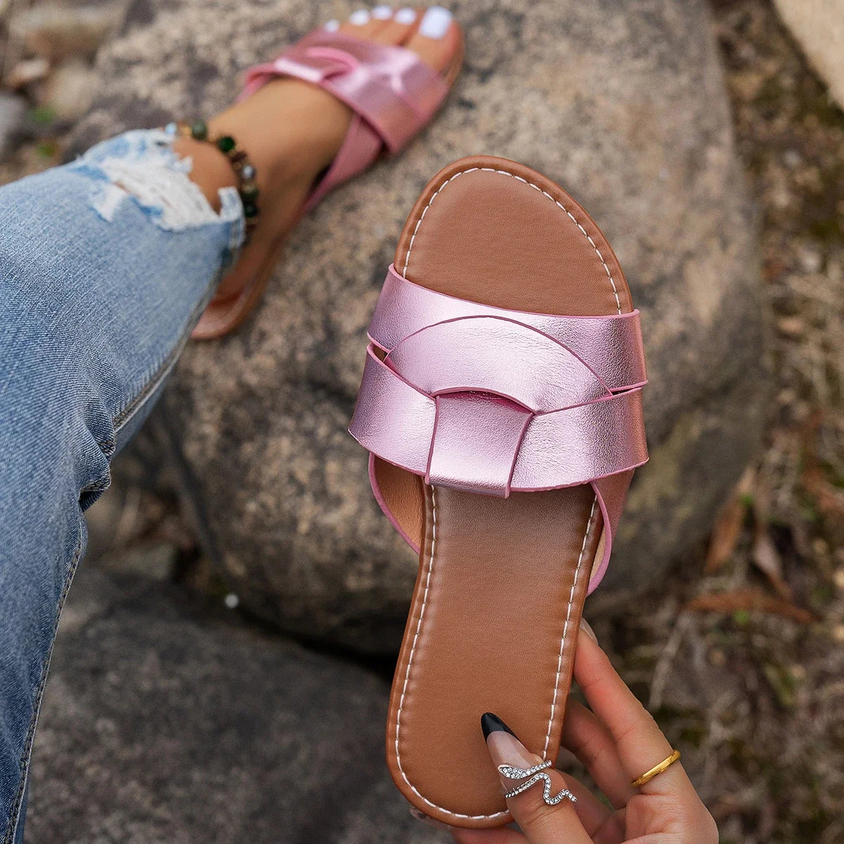 Summer Solid Color Flat Sandals 2025 Open Toe Outdoor Slippers Beach Women's Shoes Plus Size Zapatos De Mujer Slides 