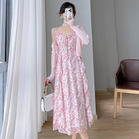 Green Floral Suspender Dress Two-piece Set
