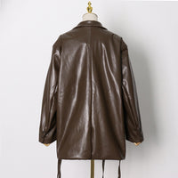 GALCAUR Brown Blazers For Women Notched Collar Long Sleeve Patchwork Pockets Lace Up High Street Coats Female  Fall Clothing