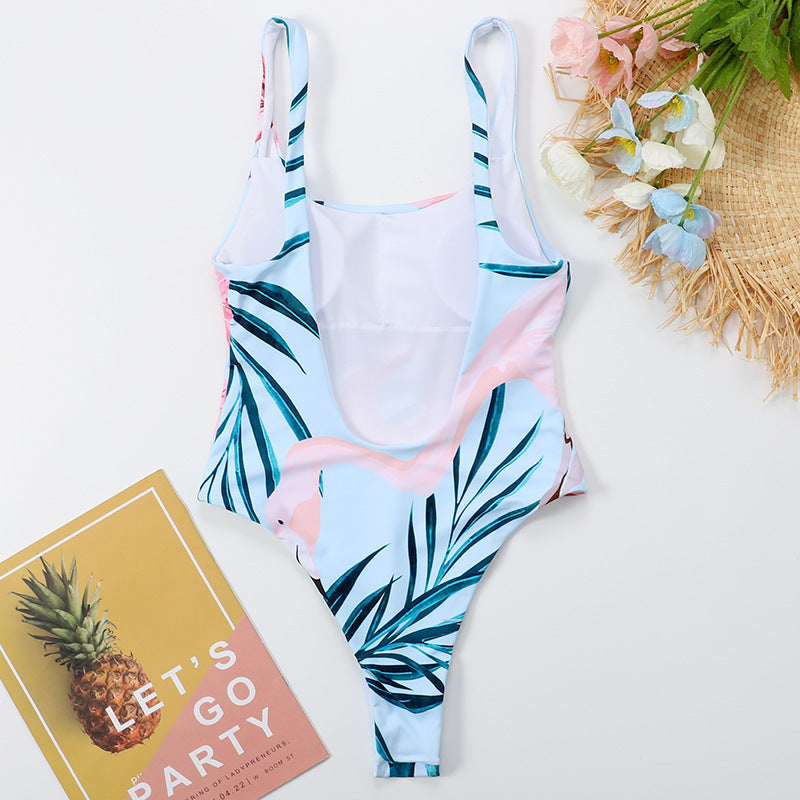 Amazon Europe And The United States New Ladies One-Piece Swimsuit Flamingo Print Bikini Open Back Swimwear Bikini