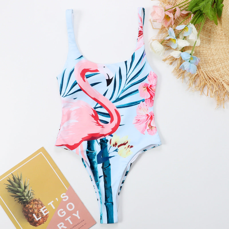 Amazon Europe And The United States New Ladies One-Piece Swimsuit Flamingo Print Bikini Open Back Swimwear Bikini